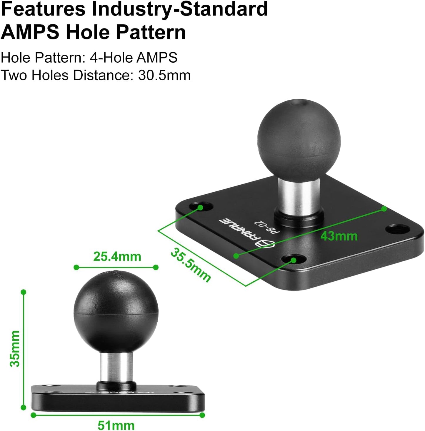 FANAUE Aluminum1'' 4-Hole 1" Ball Mount Base with AMPS Square Plate and Ball Adapter Compatible B Size Double Socket