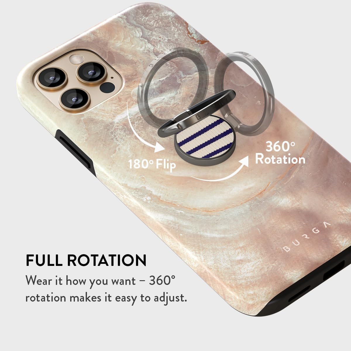 BURGA 360 Cell Phone Ring, Holder Grip and Stand - Finger Phone Grip for Back of Smartphone Case, Kickstand Rotation