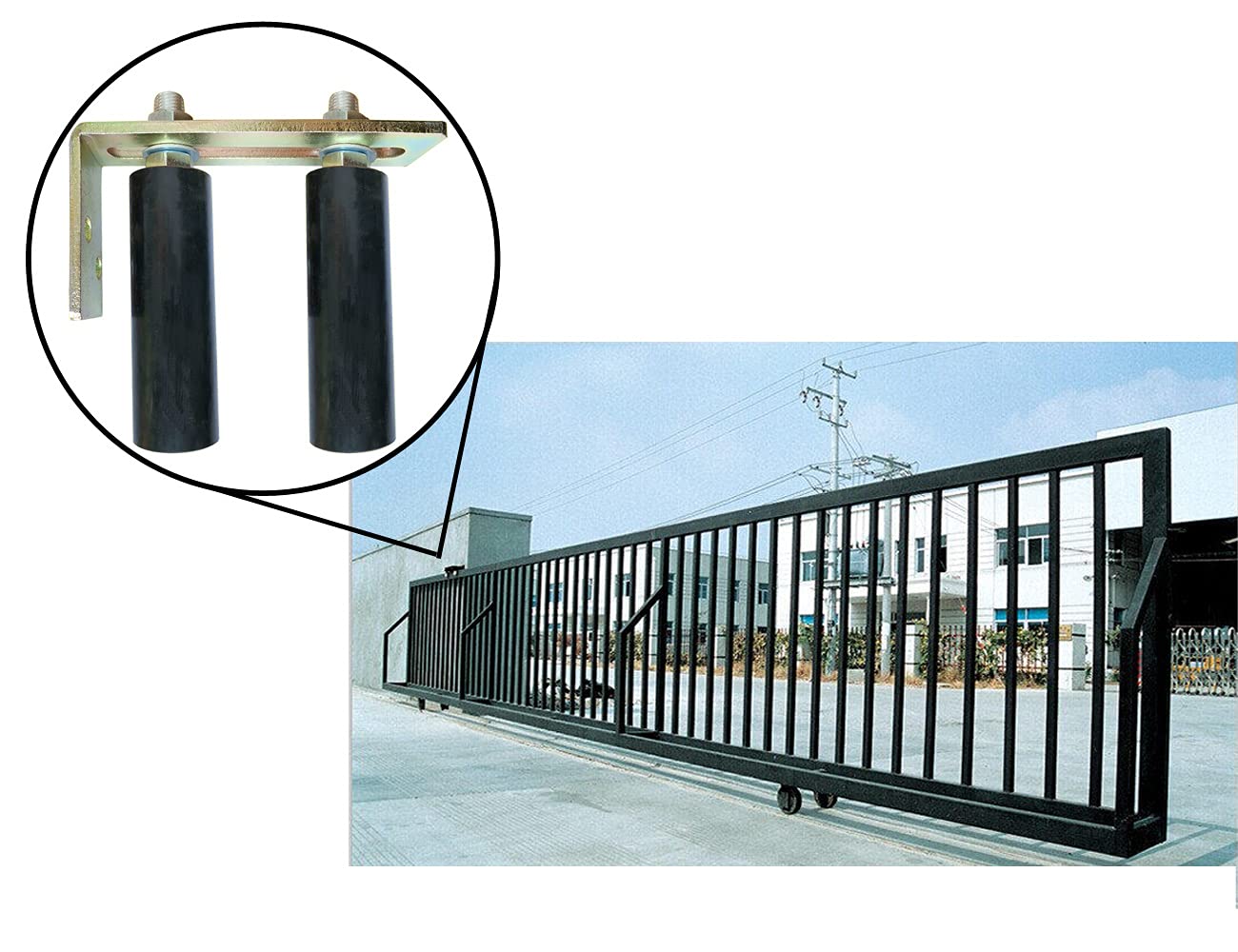 Mageway Universal Heavy Duty Slide Gate Guide Roller 6" Black L Rear Post Bracket Adjustable Dual Nylon Rollers Gate Support Assembly for Sliding Rolling Gates, Install Tools Inlcuded