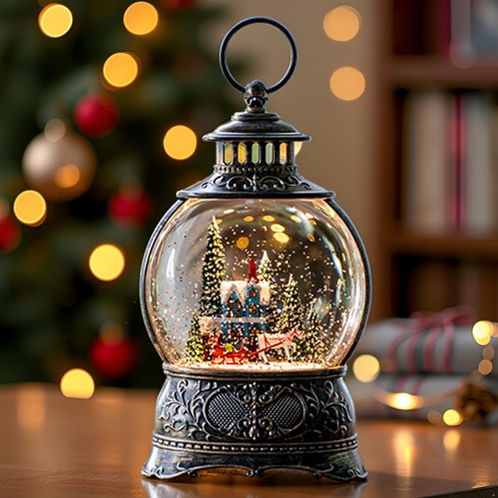 Regine Switzerland Christmas Snow Globe - Musical Water Lantern with Timer & USB/Battery Operation | Blue Church Design