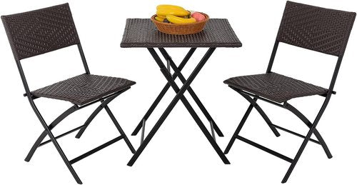 FDW Patio Furniture - 3 Piece Folding Rattan Chair Set with Coffee Table - Brown Outdoor Conversation Set