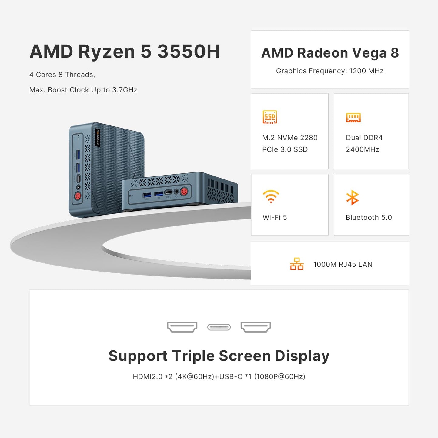 BOSGAME Mini PC Ryzen 5 3550H 11 Pro Mini Computers, 16GB DDR4 RAM 512GB PCIe SSD, Vega 8 Graphics Triple 4K 60Hz Displays, USB 3.2 x3, USB 2.0x1, HDMI x2, WiFi5 BT5.0