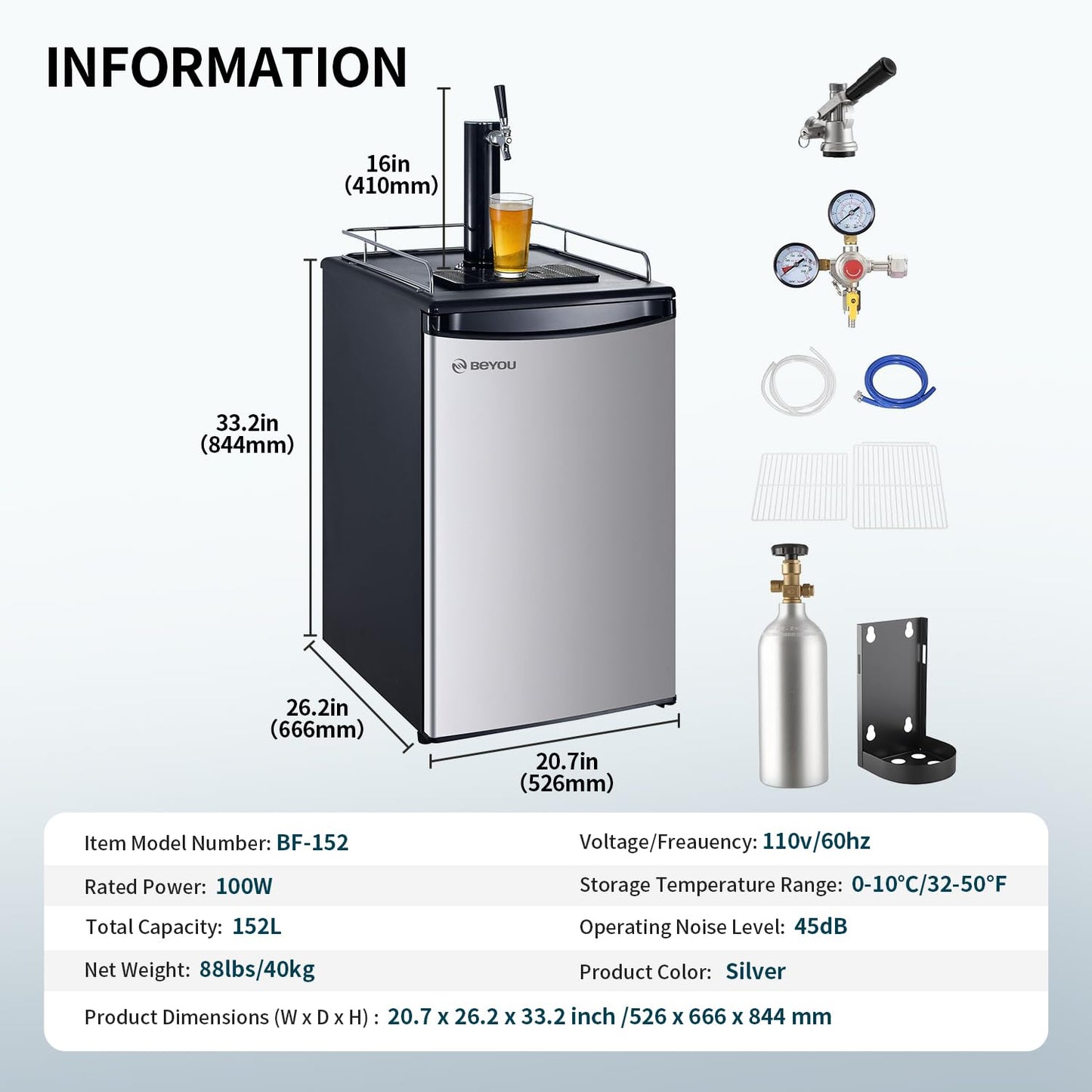 BEYOU Beer Kegerator, Commercial Draft Brew Beer Dispenserl,Full Size Keg Refrigerator for Home D system-1 Tap (152L)
