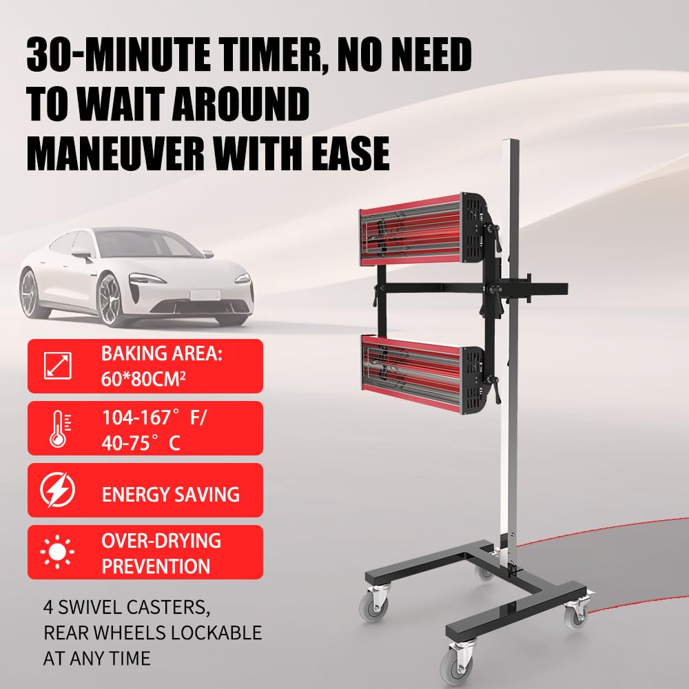 pakowin Infrared Paint Curing Lamp - 2100W 110V Short Wave Infrared Heating Light Equipped with Four Caster Wheels - with Timer and Height Adjustable - for Car Paint Booth
