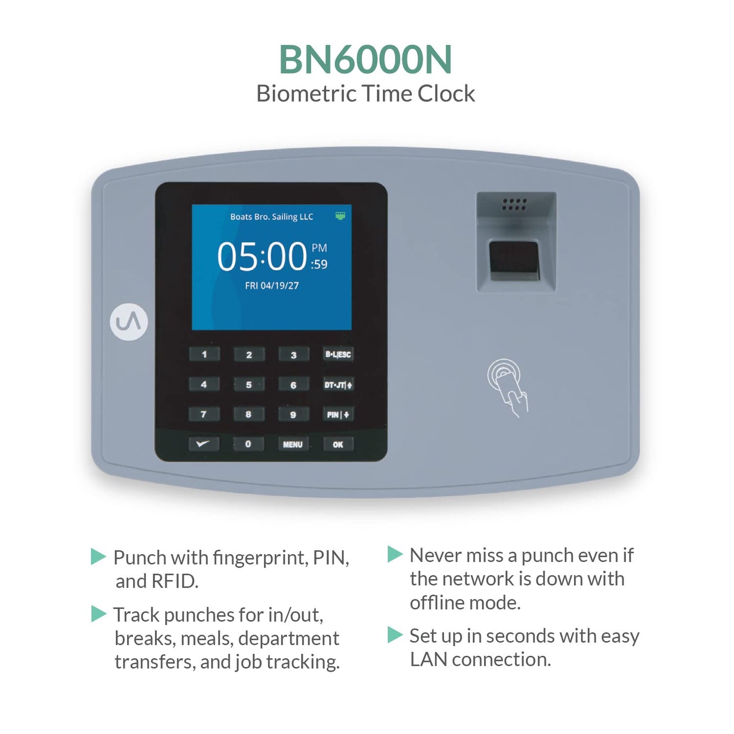 uAttend BN6000 Biometric Time Clock System for Small Business with Cloud-Based Employee Timecards