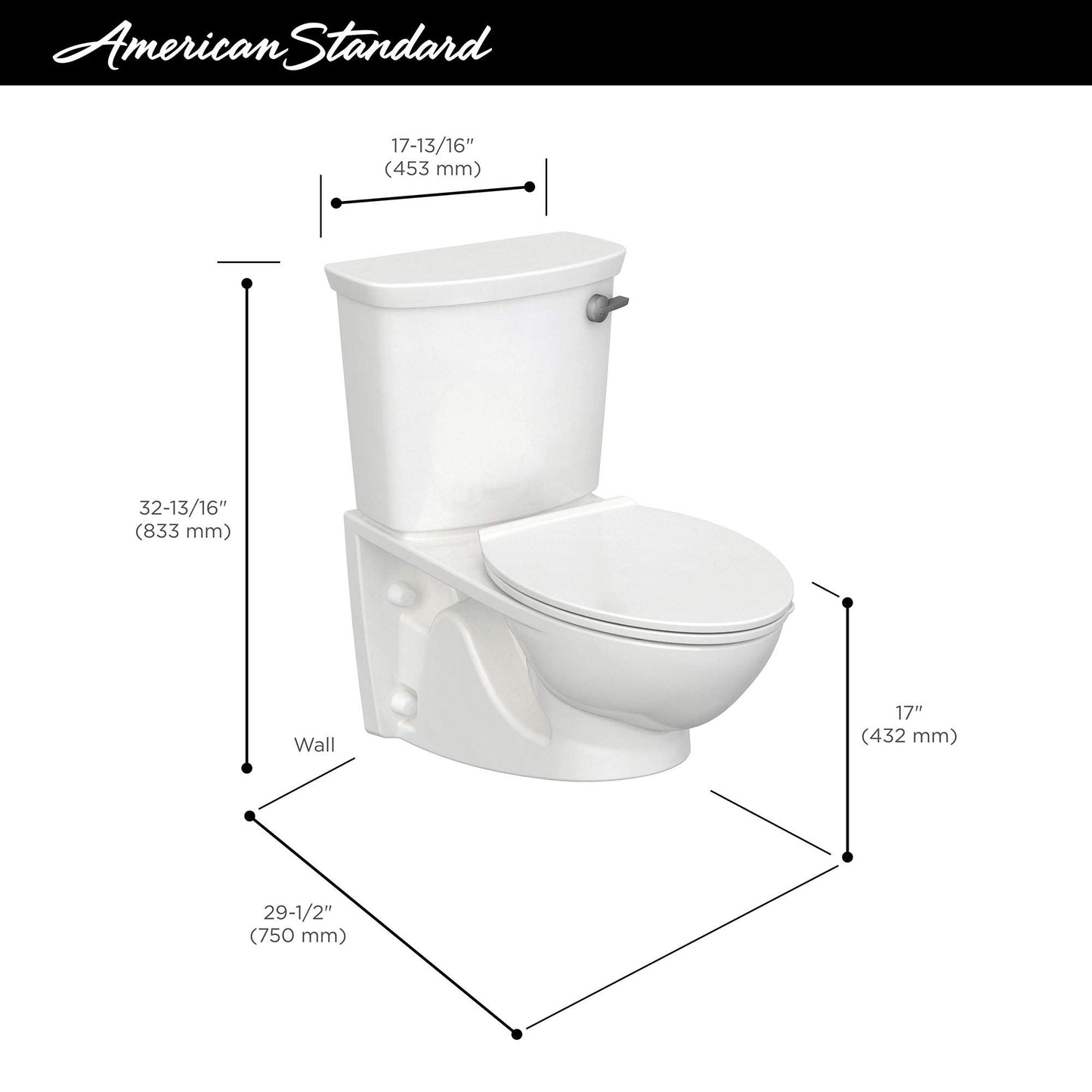 American Standard 2882107.020 Glenwall VorMax Wall-Hung Elongated Toilet with Left Hand Trip Lever, 1.28 gpf, White