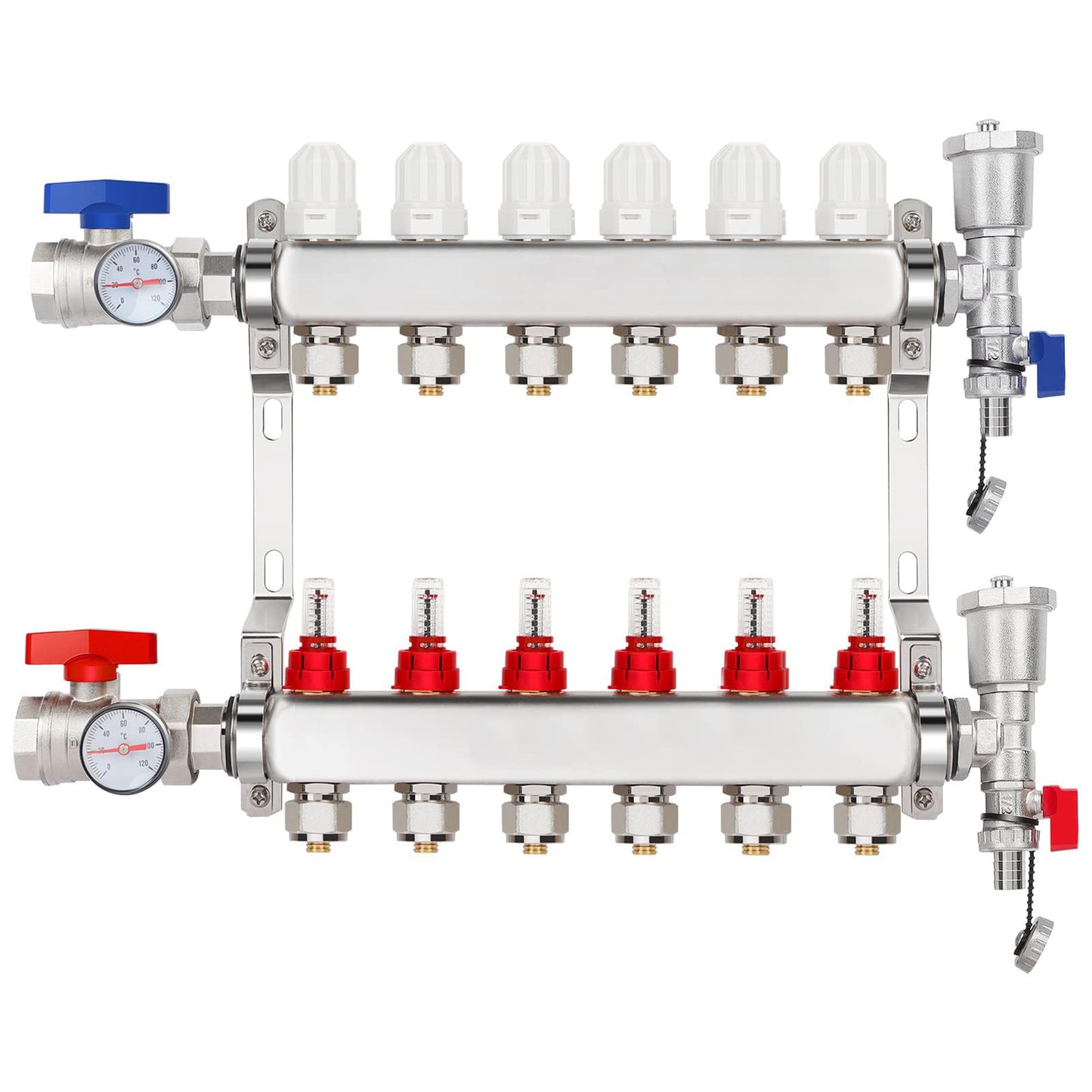 YUFUYEK 6-Branch PEX/Radiant Heat Manifold，1/2" PEX Tubing Manifold,304 Stainless Steel Floor Heat Manifold Kit with 1/2" Adapters Included for Hydronic Radiant Floor Heating (6-Loop)