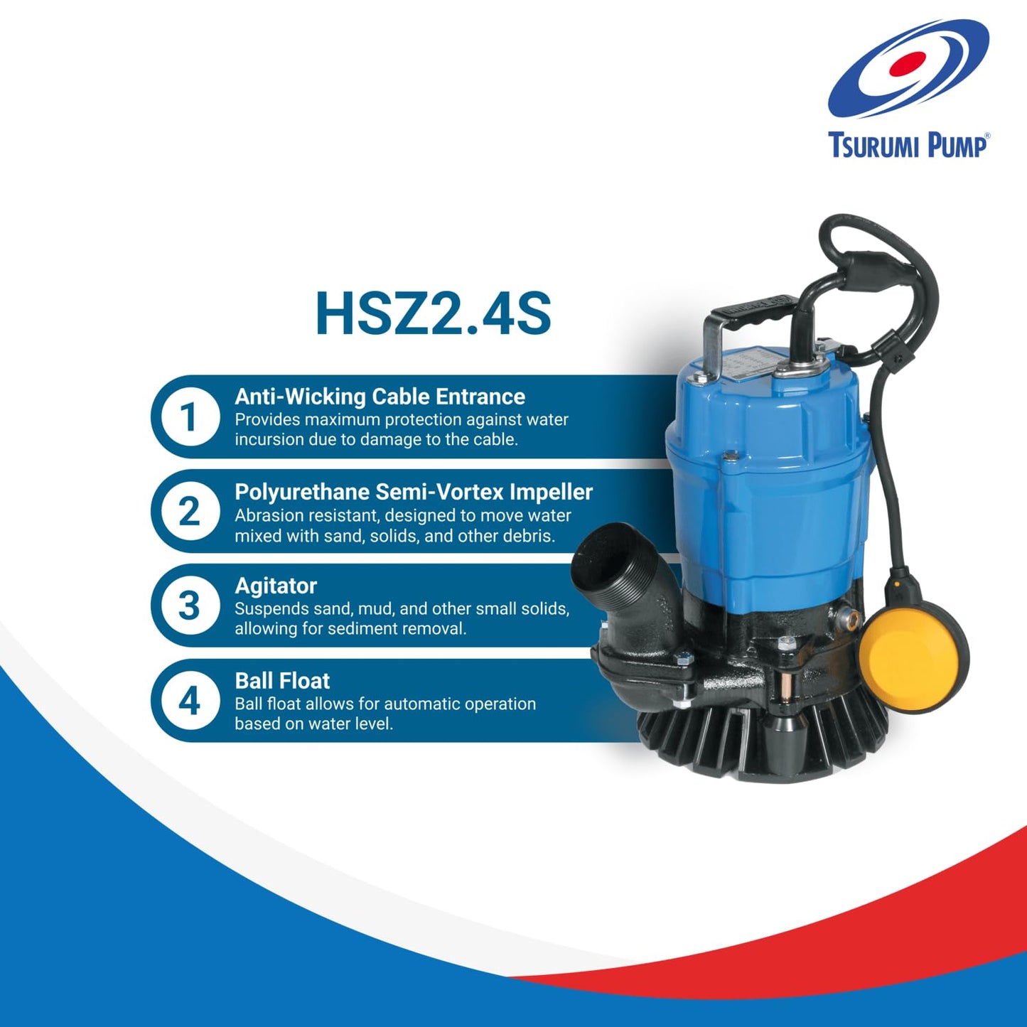 Tsurumi Pump HSZ2.4S | Submersible Trash Pump - Float Switch | 1/2 HP, 115V, 2 in Discharge | Dewatering applications - sand & solids, where auto operation is needed | 53 GPM / 3180 GPH