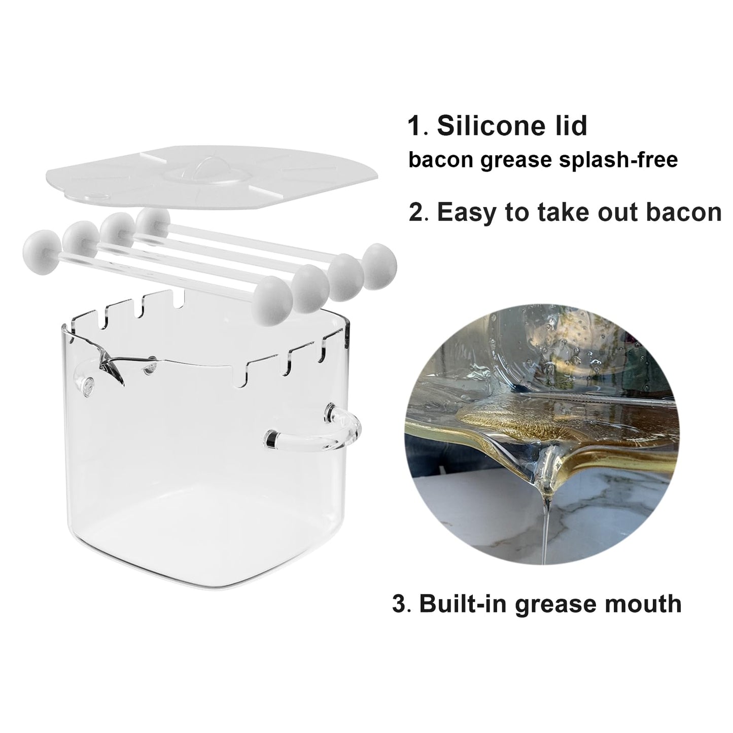 Glass Microwave Bacon Cooker, Microwave Popcorn Popper, 100oz Glass jar with Silicone Lid, Ramen Noodle Bowl and Vegetable Steamer, with Removable Glass skewer, Make 16pcs bacon one time