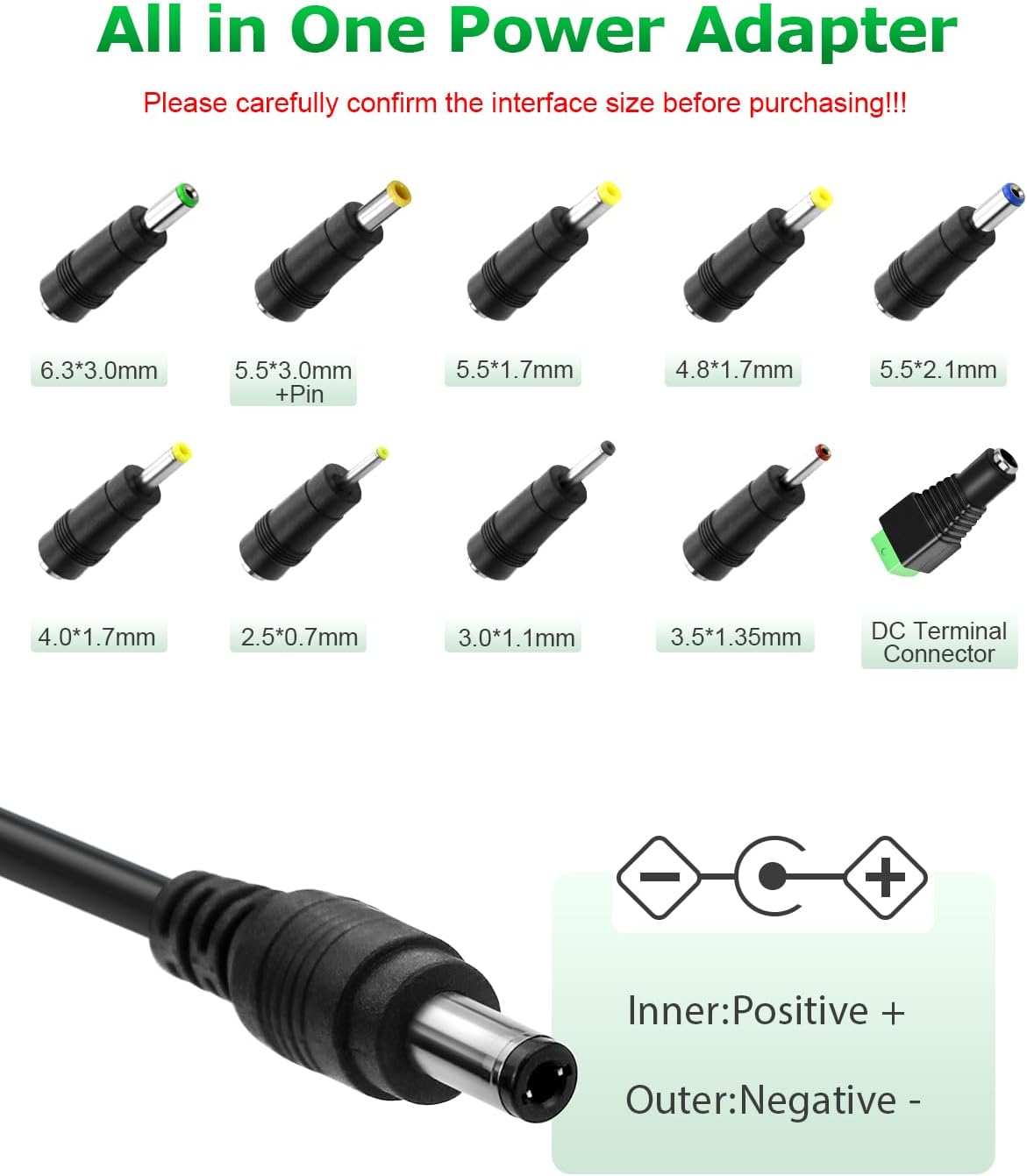 Arkare 12V 5A 60W 100-240V 12V 5Amp 4A 3A 2A 1A 5.5x2.5mm 3D 10TIPS 4.9FT Power Supply Adapter AC to DC Power Cord
