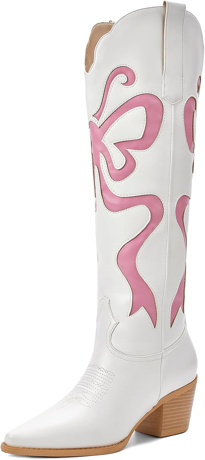 Skiennix Cowgirl Boots - Stylish Women's Knee-High Cowboy Boots with Colorful Bow Embroidery | White, Pointed Toe, Chunky Heel