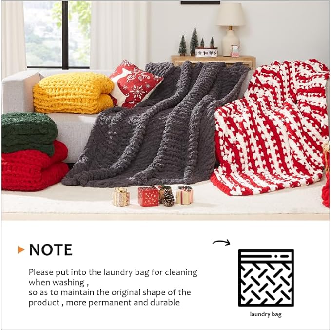 L'AGRATY Chunky Knit Blanket Throw: 50''x60'' Chenille Chunky Knitted Throw Blankets for Bed Couch - Handmade Thick Big Cable Knit Blanket - Large Crochet Rope Blankets for Home Decor(Mint Green)