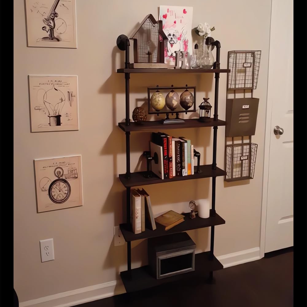 HEONITURE 5 Shelf Industrial Pipe Shelving, Black Modern Bookcase Bookshelf, Wall Mount Ladder Shelf with Metal Frame Display Selves