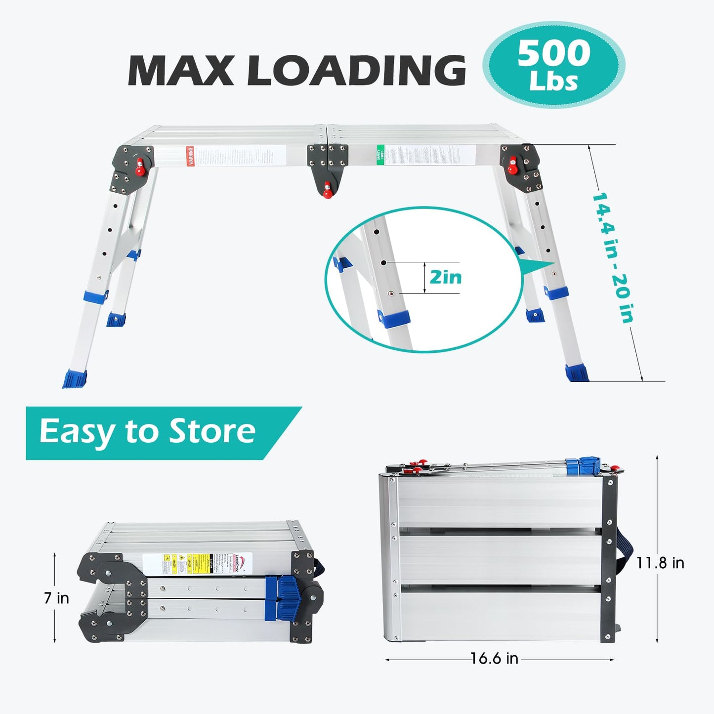 LEADALLWAY Portable Work Platform Height Adjustment 33"(L) x12(W) x20(H) Foldable Step Stool Aluminum Platform Ladder with One-Touch Automatic Fold 330 Lbs Capacity