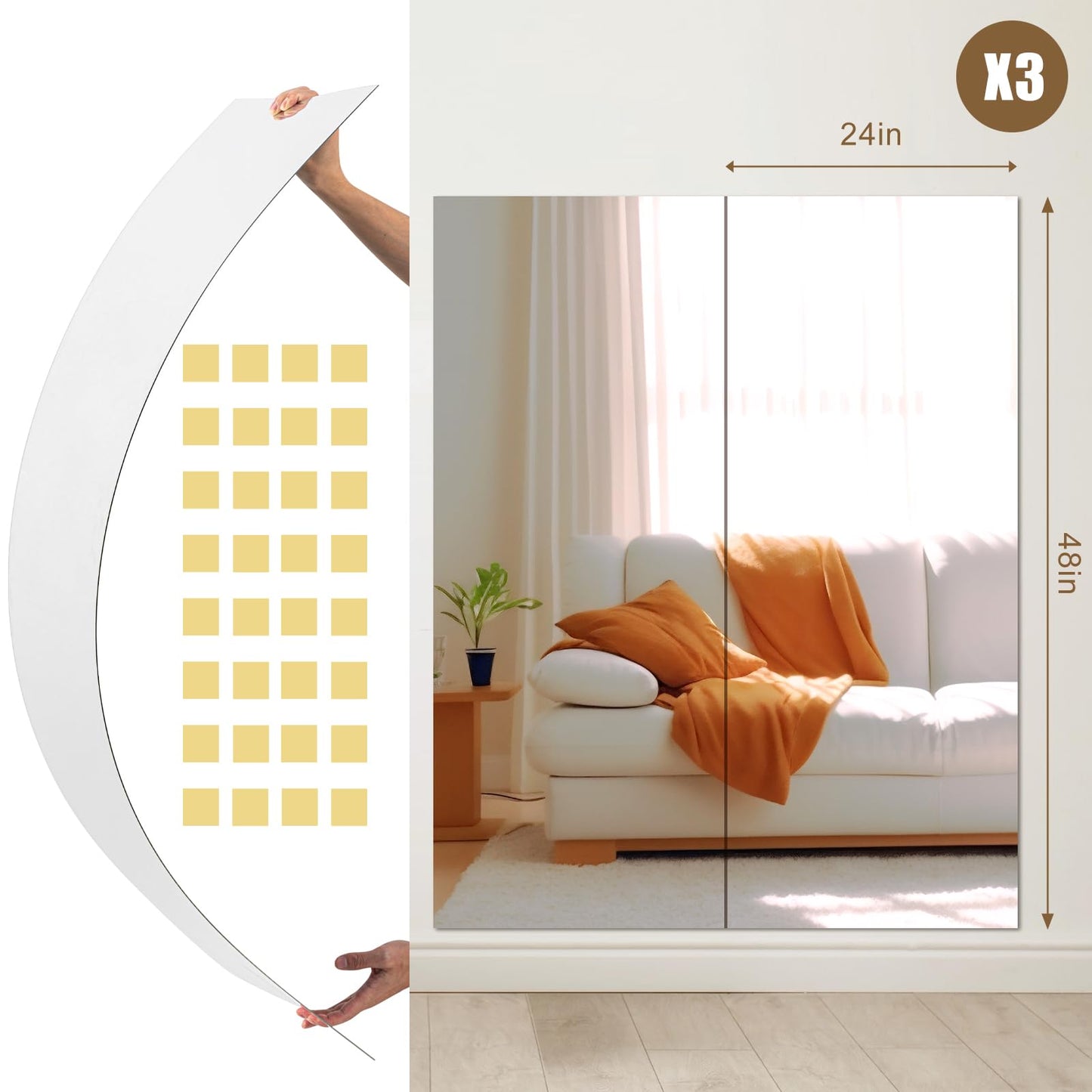 Briwooody 3 Pcs Home Gym Mirror 48'' x 24'' Large Frameless Full Length Body Mirror Acrylic Wall Mounted for Yoga, Home Gym, Fitness, Workout, Bedroom, Garage, Dance Studio