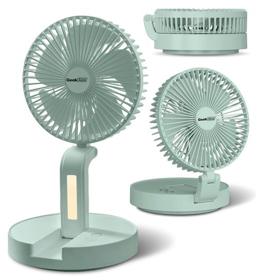 Geek Aire Foldable Battery Operated Fan, Portable Rechargeable USB Floor Table Fan with LED Light, Quiet Oscillating Pedestal Fans that Blow Cold Air for Bedroom Office Camping Travel - Green