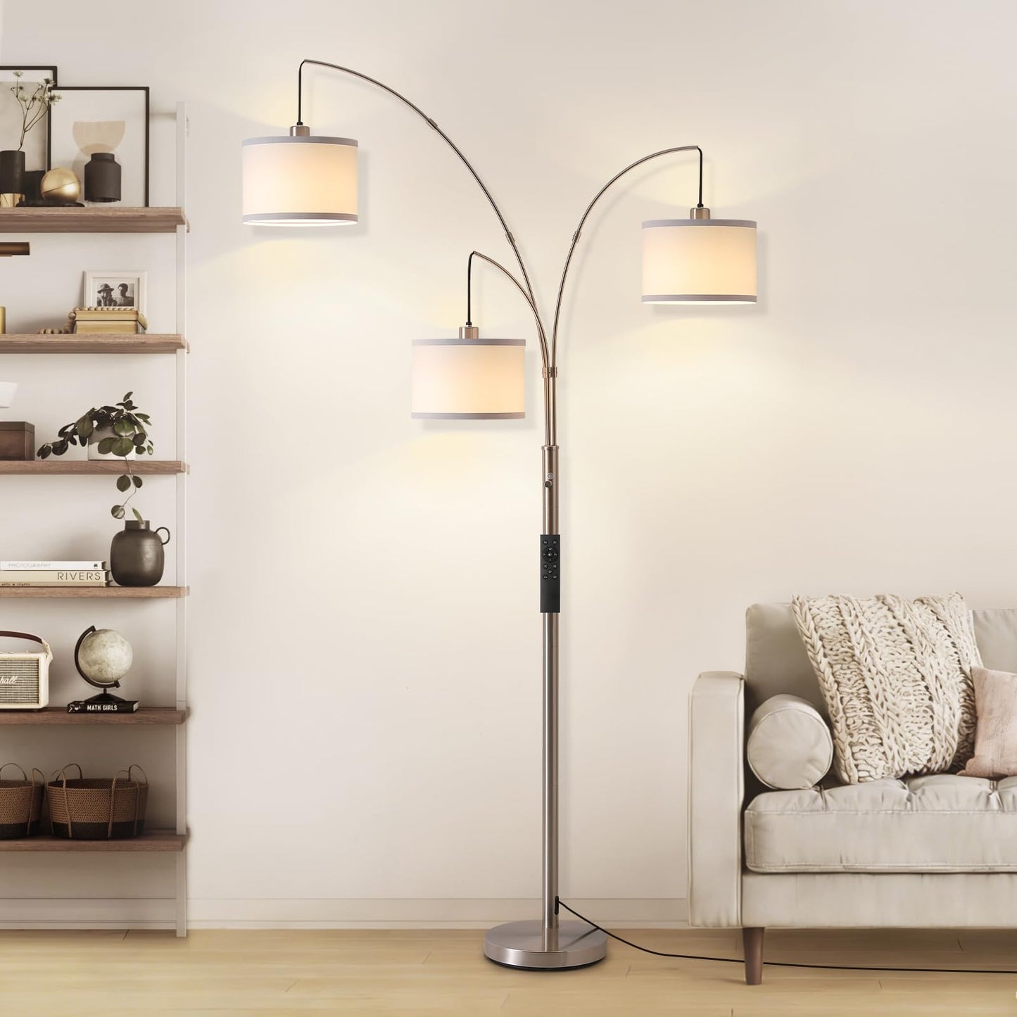 Fansdrick Floor Lamps for Living Room, 2400LM Super Bright Arc Floor Lamp with Remote Control, 3 Light Tall Floor Lights with Stepless Dimmable, 80" Mid Century Tree Floor Lamp for Bedroom, Office