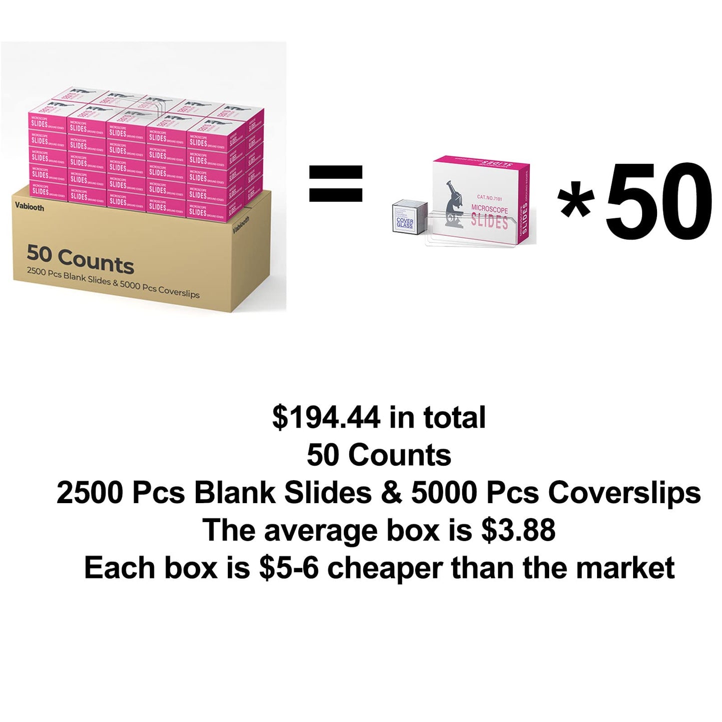 Vabiooth 50 Pack 7500 Pcs Microscope Slides Kit, 2500 Pcs Pre-Cleaned Blank Microscope Slides and 5000 Pcs 22x22mm Square Coverslips Cover Glass for Monocular Binocular Trinocular Microscopes