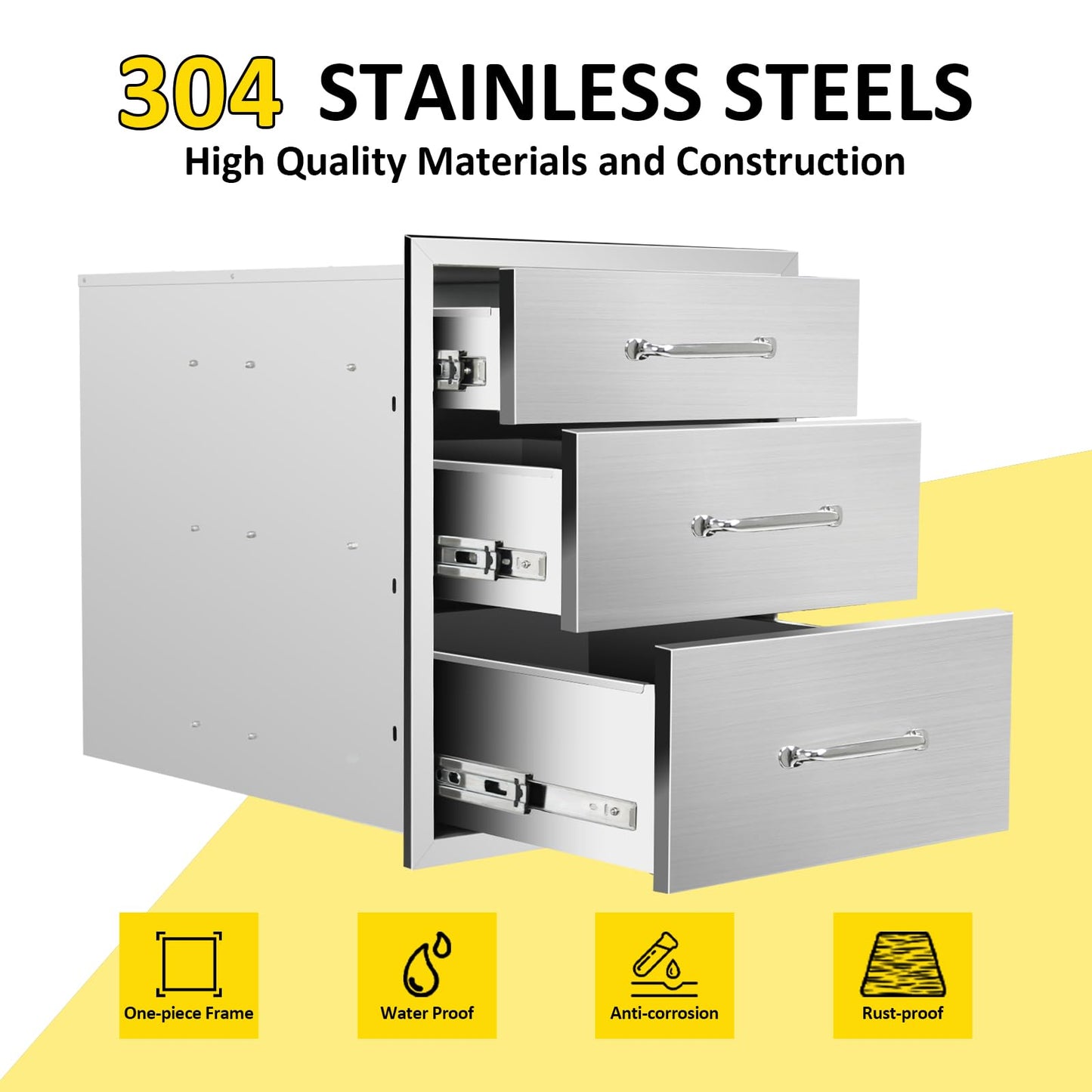 SGOLAN Outdoor Kitchen Drawers 18" W x 21" H x 23" D Flush Mount Triple BBQ Drawers with Chrome Handle Stainless Steel Drawer for Outdoor Kitchen Island, Patio Grill Station