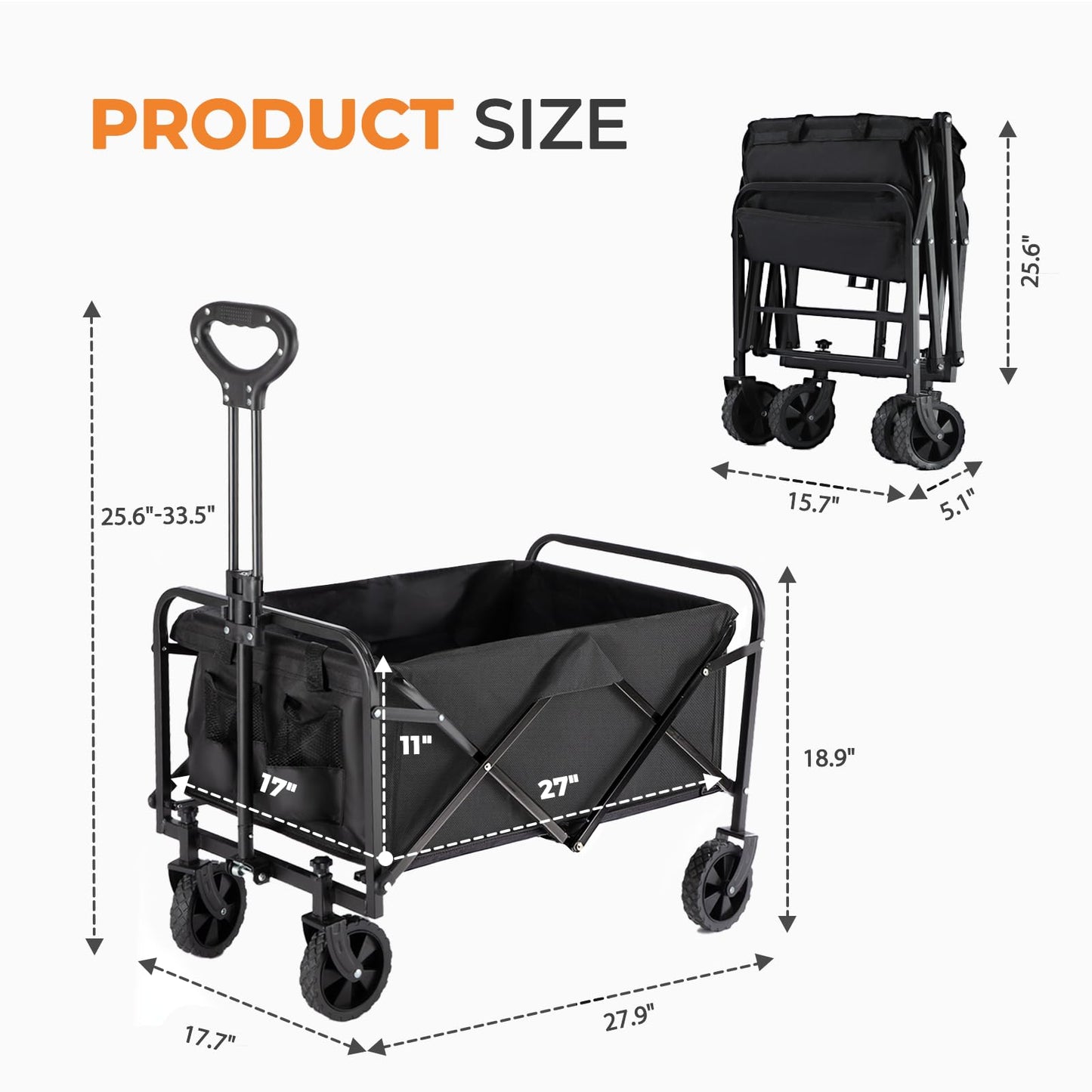 PASAMIC Collapsible Wagon 220 lbs, Heavy Duty Wagon Carts Foldable, Portable Wagons for Groceries, Beach Cart with All-Terrain Wheels & Drink Holders, Utility Wagon for Shopping, Sports, Camping,Black