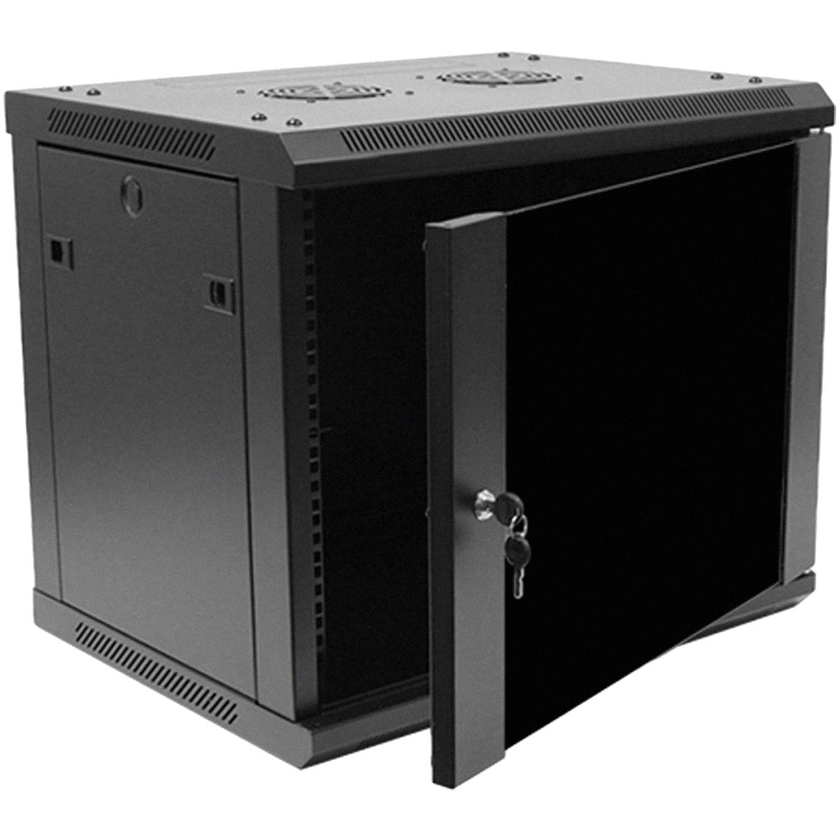 NavePoint 9U Server Rack Enclosure - 17.7” Deep, Wall Mount Network Cabinet with Locking Glass Door for 19” IT Equipment, Network Rack with 2 Fans, Removable Side Panels, Black