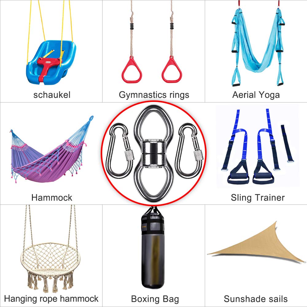 SELEWARE Silent Bearing Swing Swivel with 2 Carabiners, 360° Rotational Device Hanging Accessory for Tree Swing, Hammock Chair, Yoga,1200LB Capacity