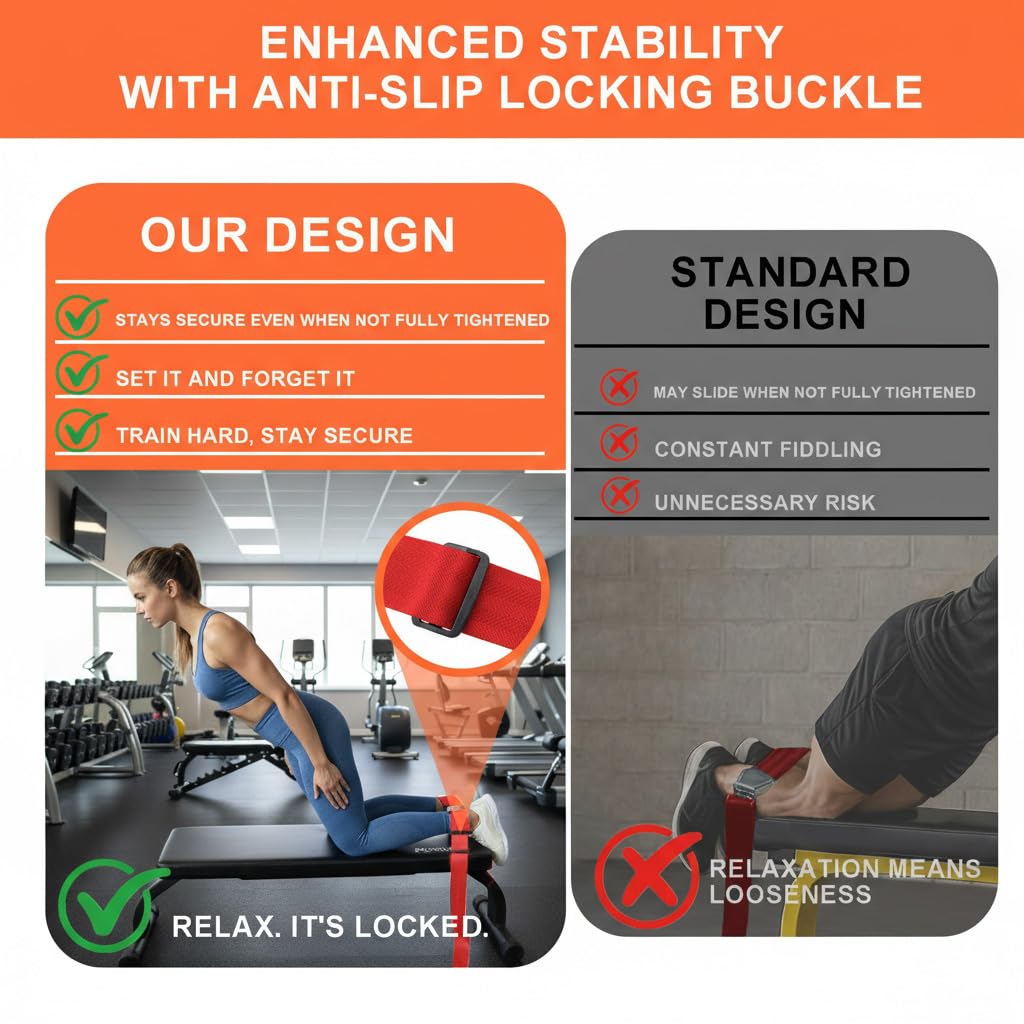 Nordic Curl Stabilizer Strap with Anti-Slip Locking Buckle, Adjustable 63-Inch gym seatbelt for Bench, Nordic Curl, Leg Extensions, Seated Rows & Home Gym Training(red)