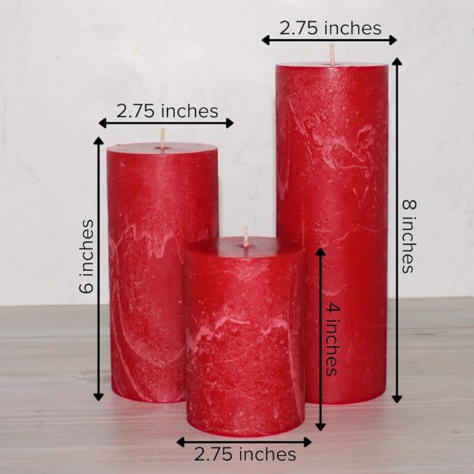 Simply Soson 3x4, 3x6, 3x8 inch Red Pillar Candles, Set of 3 Pillar Candles, Rustic Texture, Unscented Red Candles, Dripless Candles, Ideal as Wedding, Parties, Spa, Dinner, Home Decor, Church