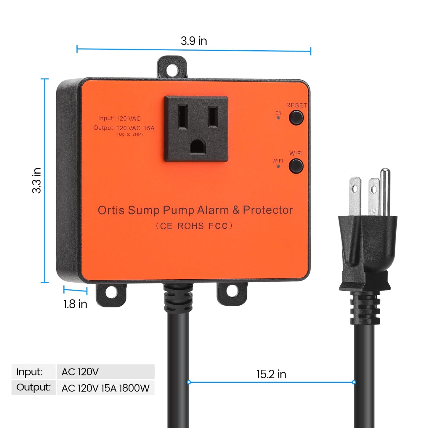 Sump Pump Monitor – Ortis WiFi Sewage Pump Alarm with Real-Time Status, Overload, Float Switch Jam & Power Outage Alerts, Compatible with 1/6HP–2HP Pumps