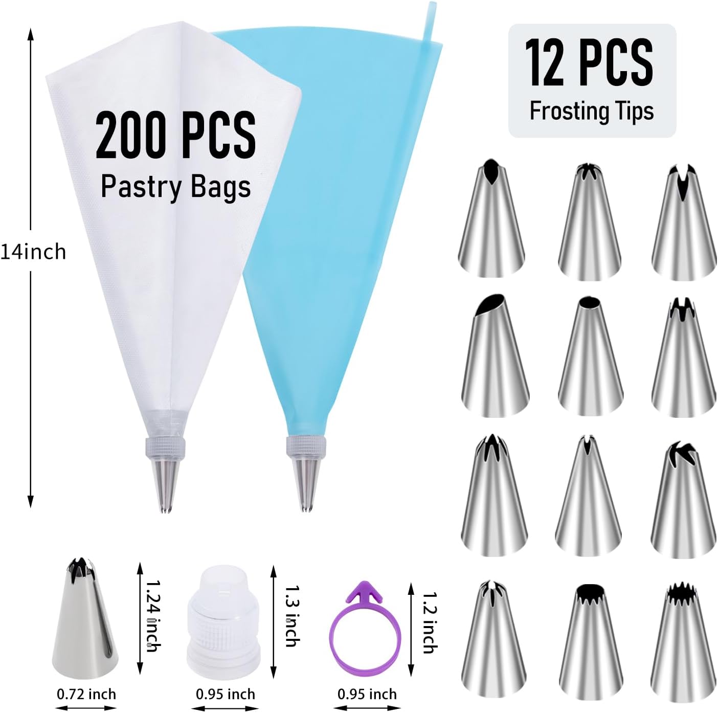 Skiennix 200-Pcs Piping Bags and Tips Set - 12-Inch Disposable Pastry Bags with 12 Frosting Tips & Couplers