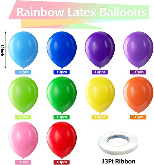 Bezente Rainbow Latex Balloons - 100 Pack of 12-Inch Bright Color Helium Balloons for Parties