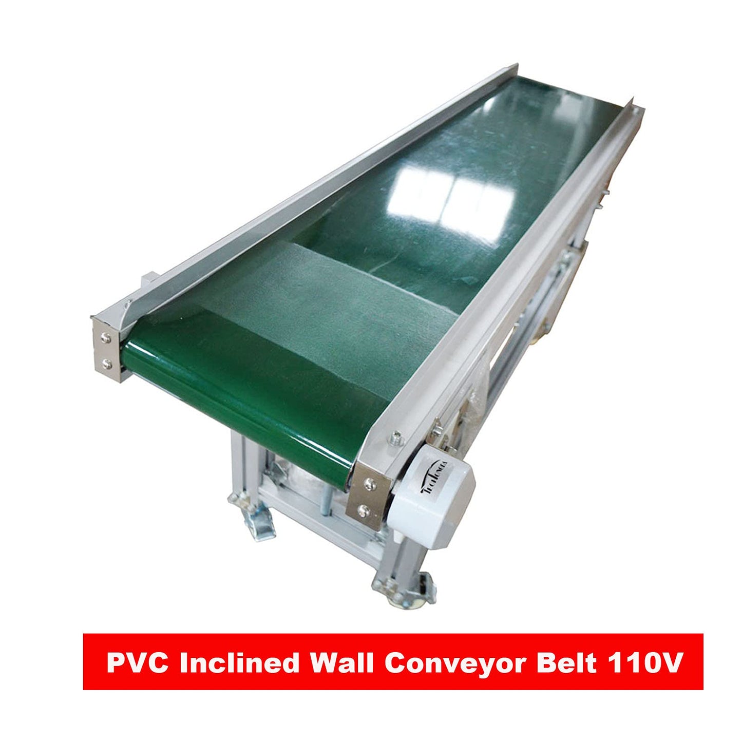 BREVELTION 59inch 110V PVC Inclined Wall Conveyor Belt Double Baffle Green PVC Belt Height Adjustable 11.8inch Wide 120W