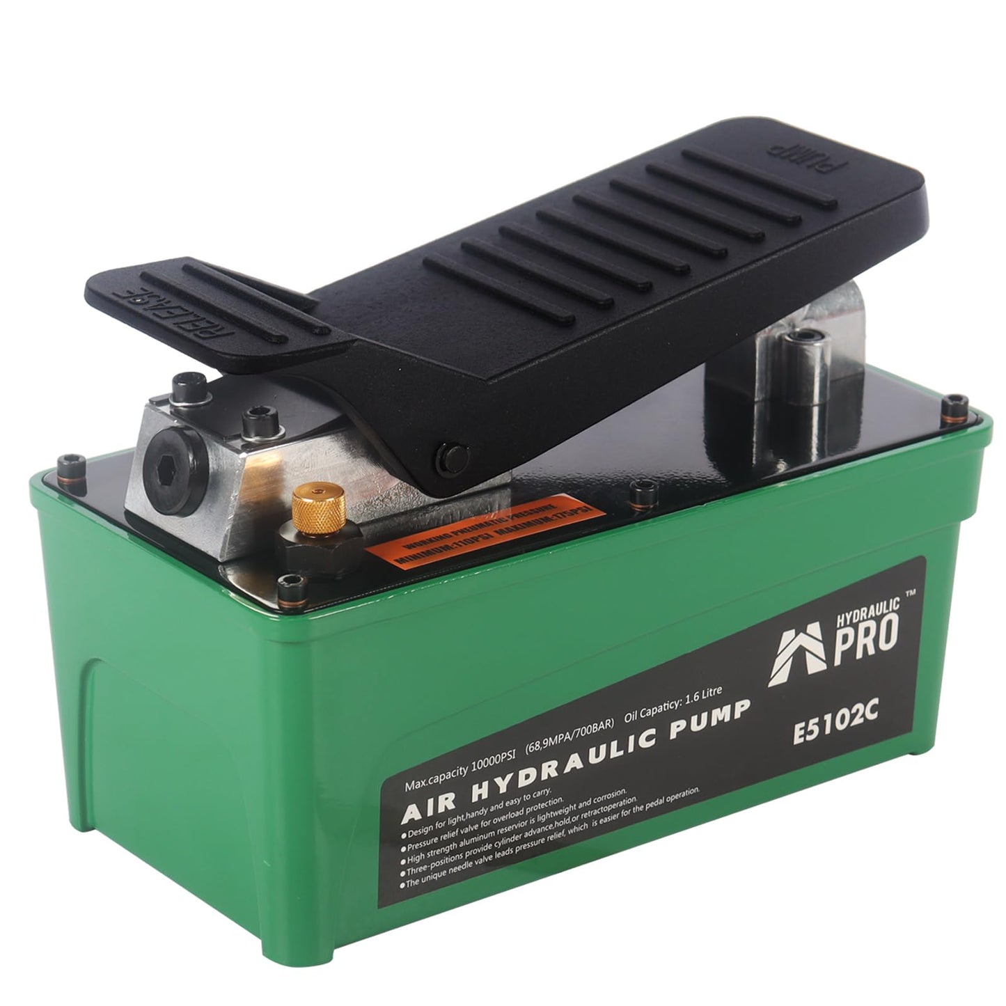 HYDRAULIC PRO 10,000 PSI Air Hydraulic Pump, 1.6L Reservoir, NPT 3/8" Oil Outlet, NPT 1/4" Inlet, Foot Pedal Operated, for Auto Body Frame Machines, Hydraulic Press, and Hole Punch, Green