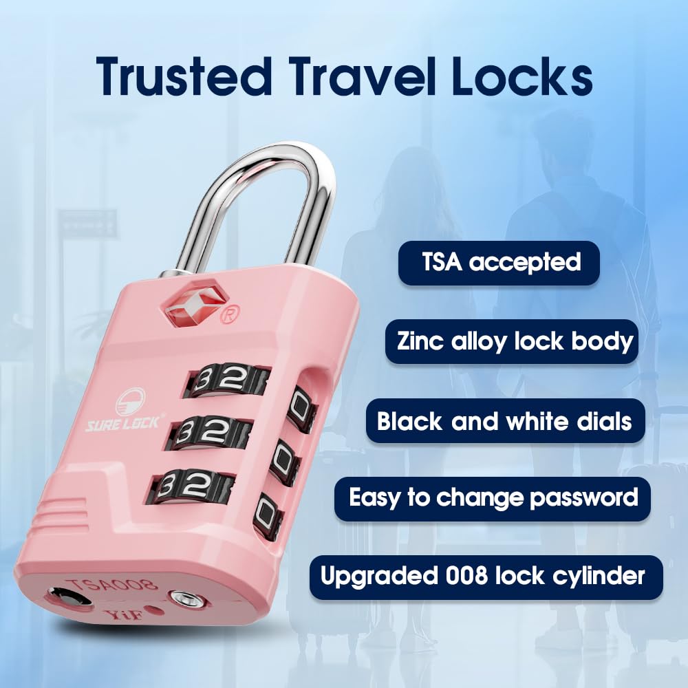 SURE LOCK TSA Approved Luggage Lock – 3-Digit Resettable Combination Padlock with Open Alert Red Dot, Large Easy-Read Dials for Suitcases, Backpacks, Gym & School Lockers(Pink 1 pk)