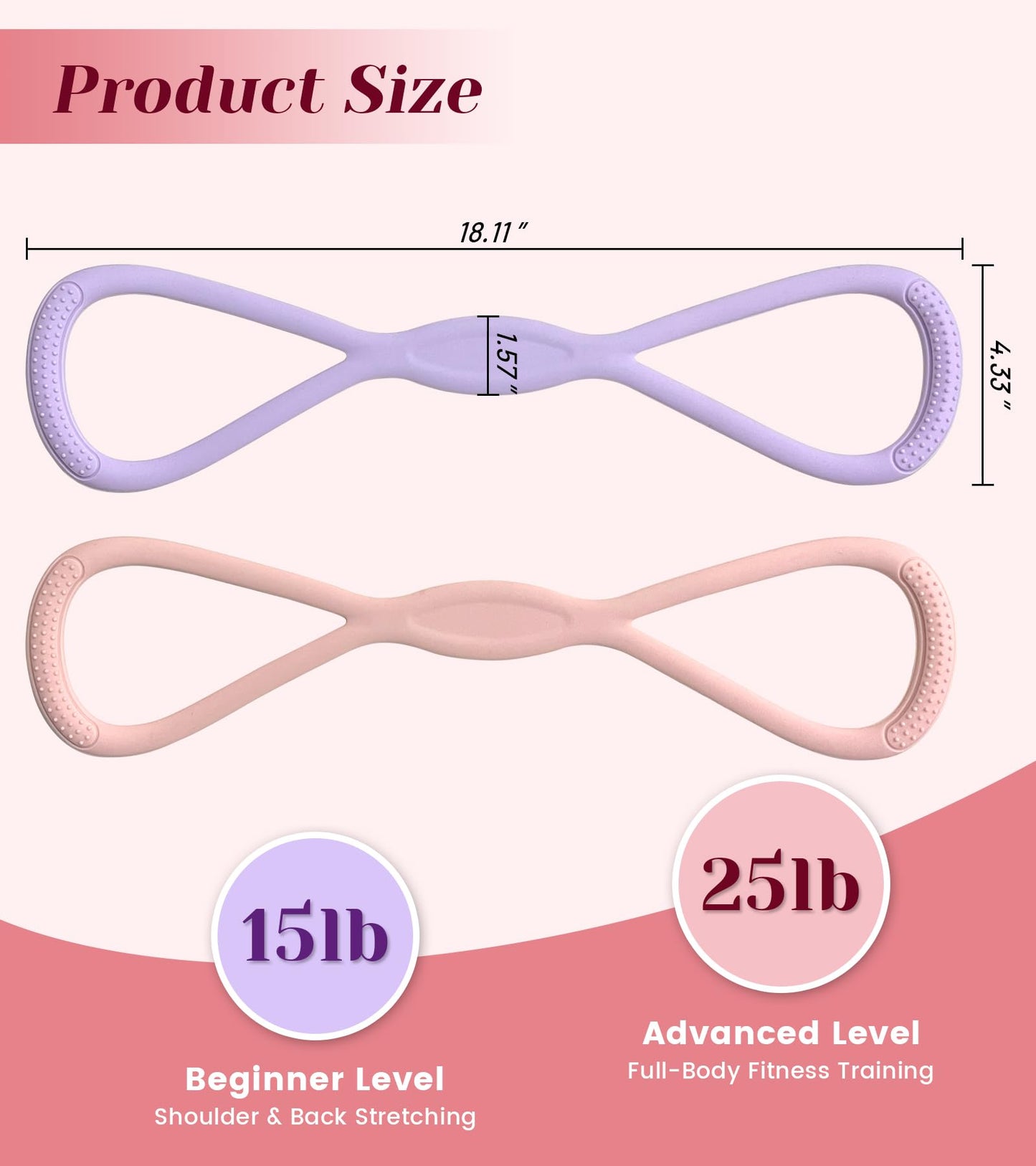 Resistance Bands with Handles, 2 Pcs Figure 8 Exercise Bands for Arm, Back and Shoulder Training, Elastic Fitness Bands for Strength Training, Stretching, Yoga and Home Workouts (‎Pink+Purple)
