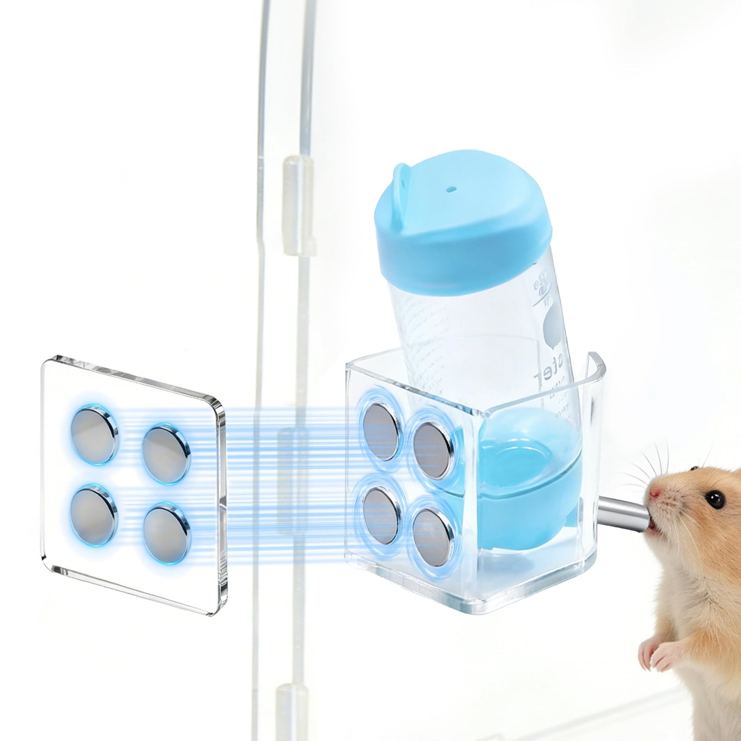 Magnetic Hamster Water Bottle Holder with Water Bottle, Adjustable Height Drop-Resistant Stand, Fits Bottles up to 2" Dia, Universal for Small Pets (Hamsters, Gerbils, Mice), Hamster Cage Accessories