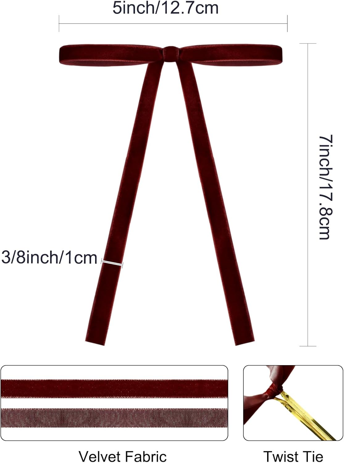 SIMISI Velvet Ribbon Bows - 24Pcs Burgundy Christmas Decorations for Tree, Wreath & Garland | 3/8'' Width, 5x7 Inch