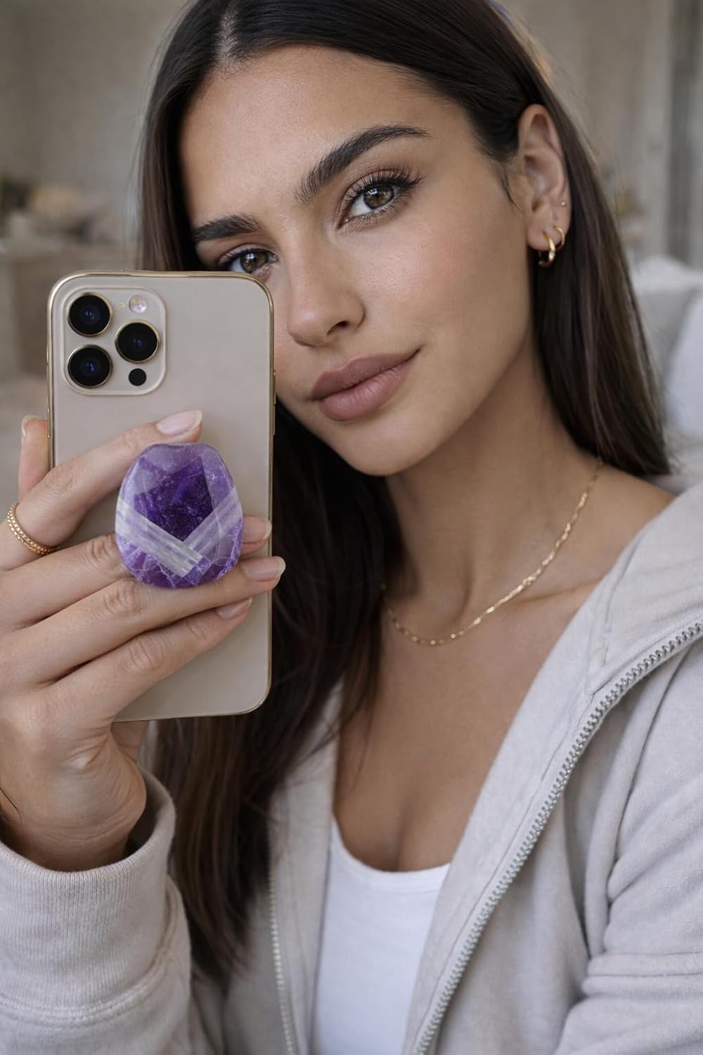 CRYSTALFY Grips by Chevron Amethyst Natural Edge Crystal Phone Grip Holder & Expanding Kickstand - Natural Gemstone