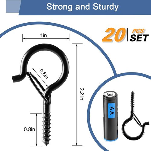 ADIIL Q Hanger Hooks - 20 PCS Windproof Screw Hooks with Safety Buckle for Outdoor String Lights | Black, 2.2 Inches