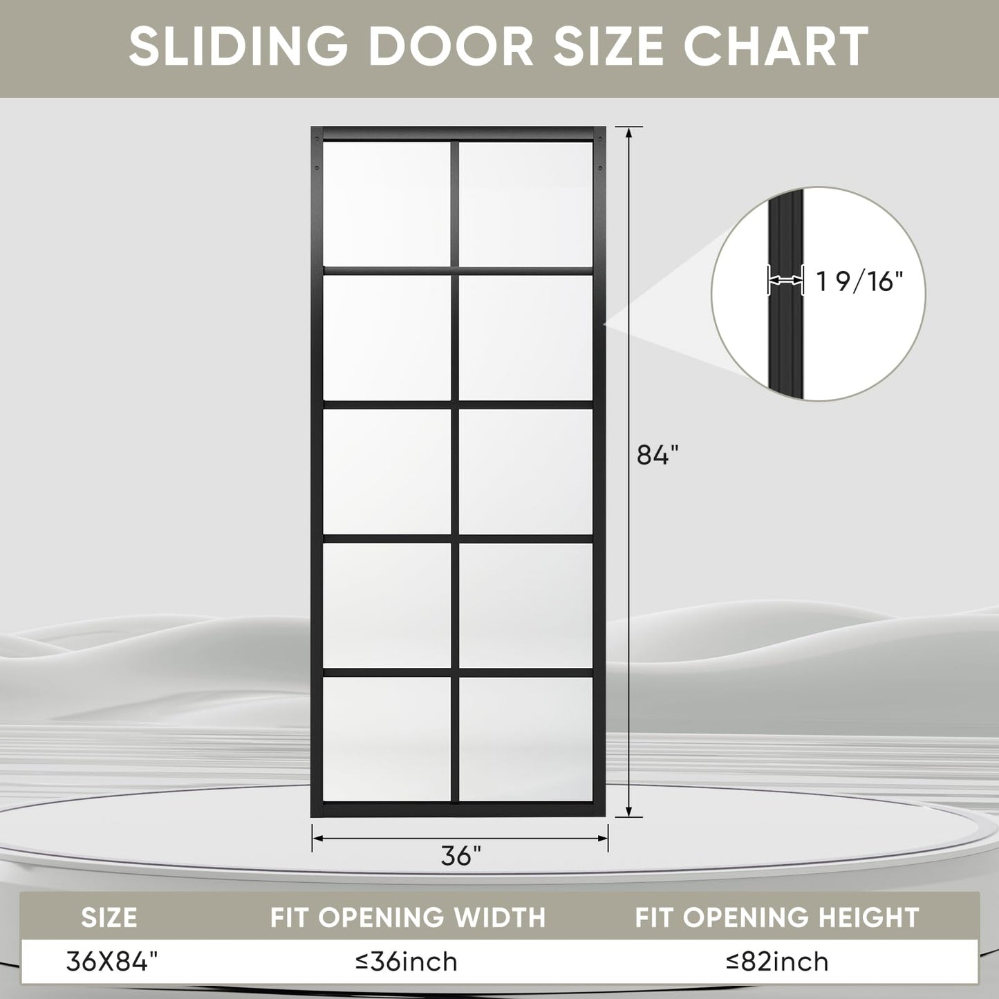 Jubest DIY Glass Sliding Closet Kitchen Door, 36in x 84in Modern French 5-Lite Clear Tempered Glass Aluminum Frame, Easy Assembly