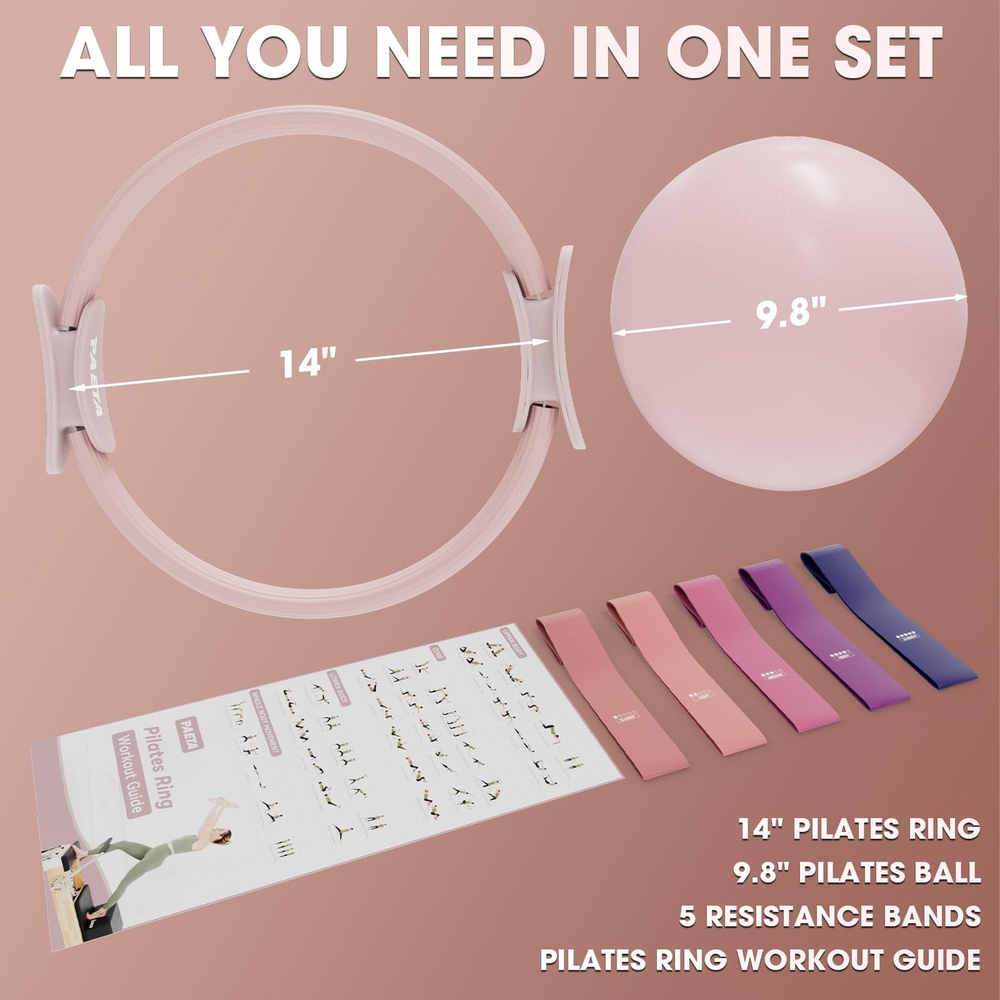 PAETA Pilates Ring Set – 14” Magic Circle (38 lbs Resistance), 9.8” Pilates Ball, 5 Resistance Bands, and Exercise Guide Included for Home Workouts(Pink)
