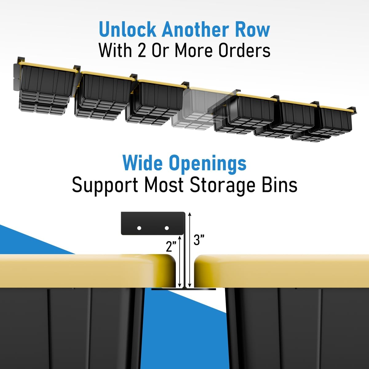 USA Based Overhead Garage Storage Rack, Connectable Heavy Duty Metal Ceiling Rails Garage Storage Organization Shelving System, Hanging Racks Tote Containers, Supports Up To 6 Bins, 4 Sets Black