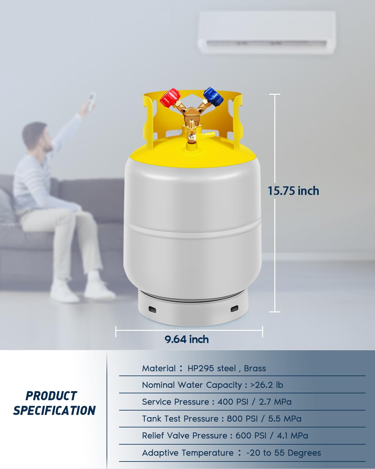 FAHKNS Refrigerant Recovery Tank 30 LB Reusable Recovery Cylinder Tank 1/4 SAE Y-Valve Recovery Can Without Float Switch for R12 R22, R134A, R410A etc Refrigerant Freon Recovery Tank Gray Yellow
