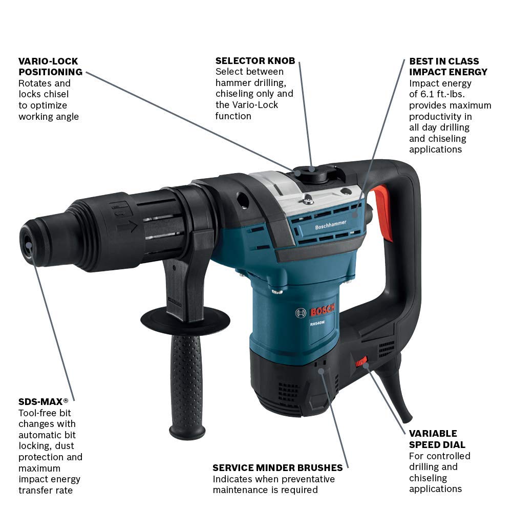 BOSCH 1-9/16-Inch SDS-Max Combination Rotary Hammer RH540M, Blue and BOSCH HS1911 1 In. x 12 In. Flat Chisel SDS-Max Hammer Steel