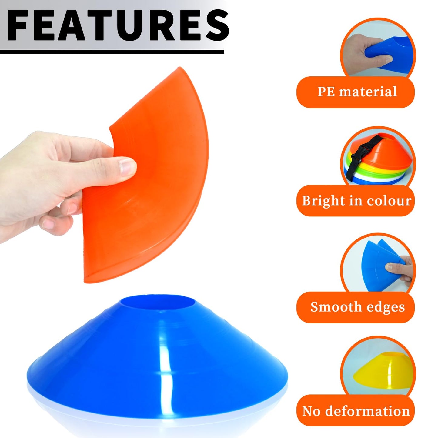 Sleteranpe Pro Disc Cones (Set of 50) – Soccer Cones for Training with Drawstring Bag & Strap – Agility Cones for Basketball, Football, and Sports Drills
