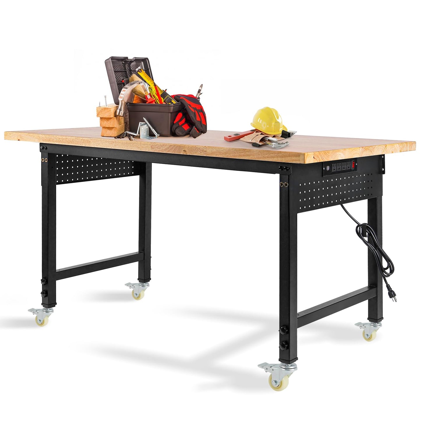 MUWOOD Height Adjustable Workbench with Wheels 60”×22” Heavy Duty Work Table 2000 LBS Capacity Rolling Work Table Rubber Wood Work Station with Power Outlet & Pegboard for Garage, Office, Workshop