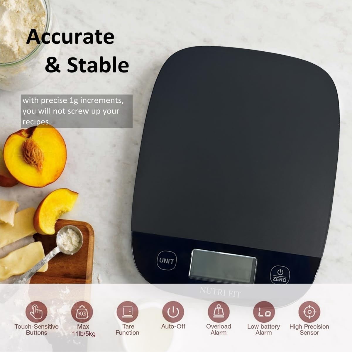 Nutri Fit Digital Food Scale - Accurate Weight Measurement for Cooking & Baking | Ultra Slim Black, 0.1oz Tare