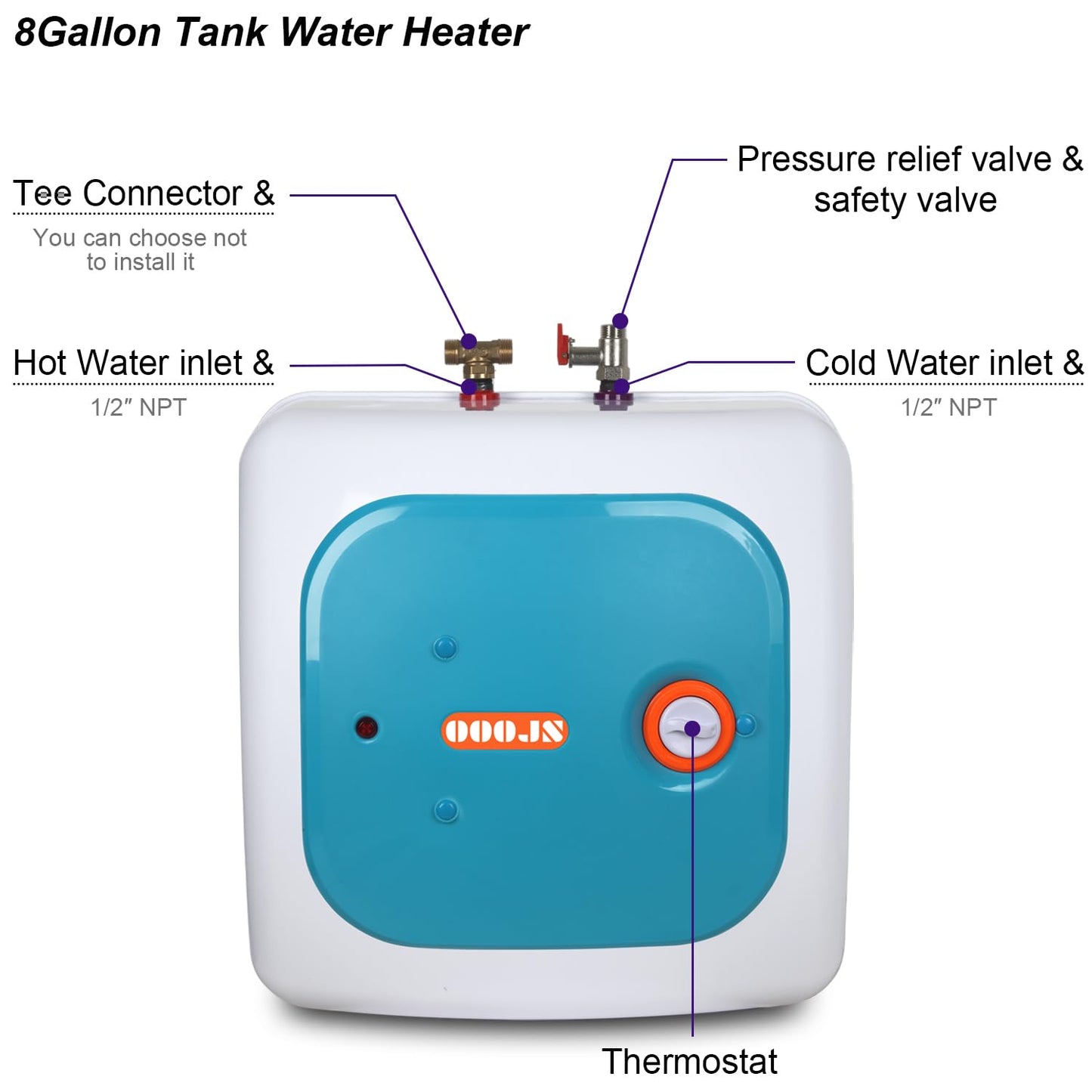 110V-120V 1440-1500W Instant Electric Hot Water Heater Under Kitchen Small Tank 8.0 Gallon Storage,Rv Trailer Instant Fiberglass Compact Point-of-Use,2 PCs 16” Long 1/2”FIP Stainless Steel Hose 30L