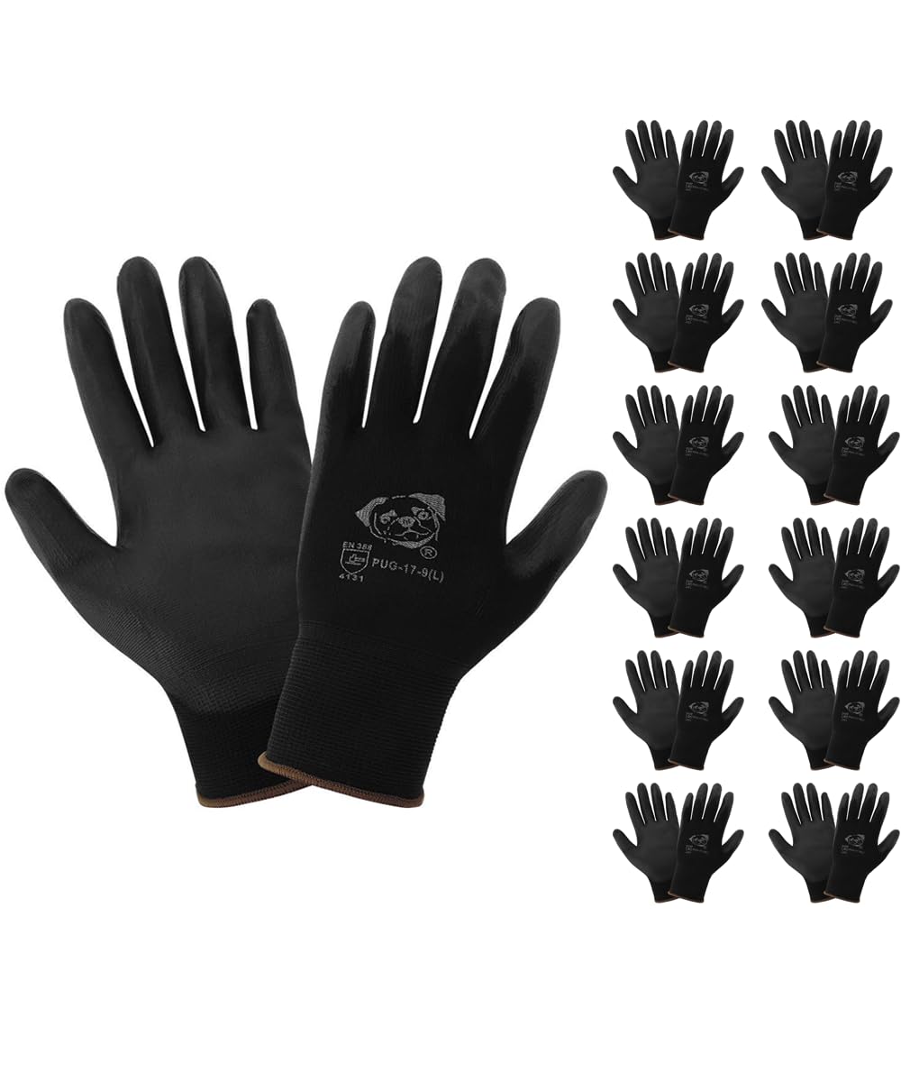 Global Glove PUG-17 Lightweight Polyurethane Dipped Work Gloves, Anti-Static/Electrostatic Compliant with Secure Grip, Bare Hand Sensitivity, Black, 12 Pairs, Extra-Large