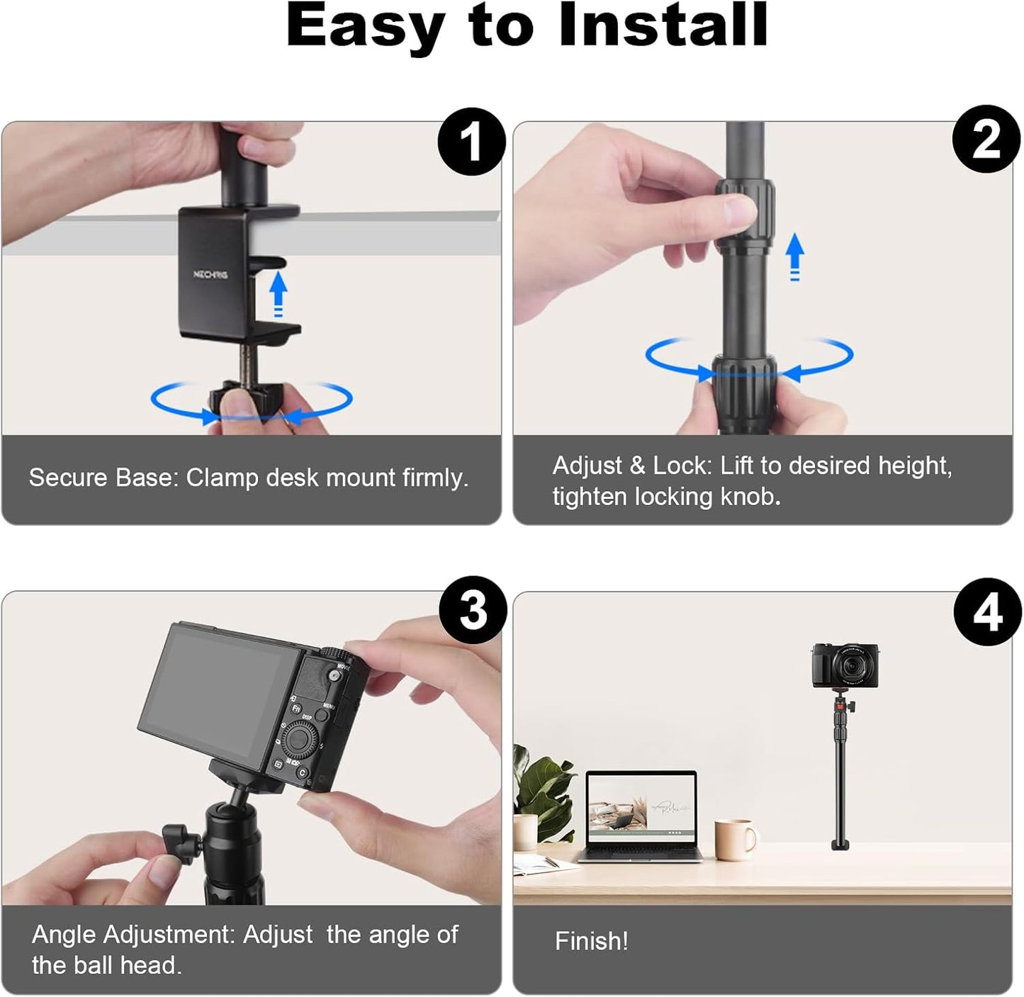 Mechrig 360 1/4" (811002) Camera Desk Mount Table Stand with Ball Head, Table Light Stand with Screw & C Clamp, Webcam